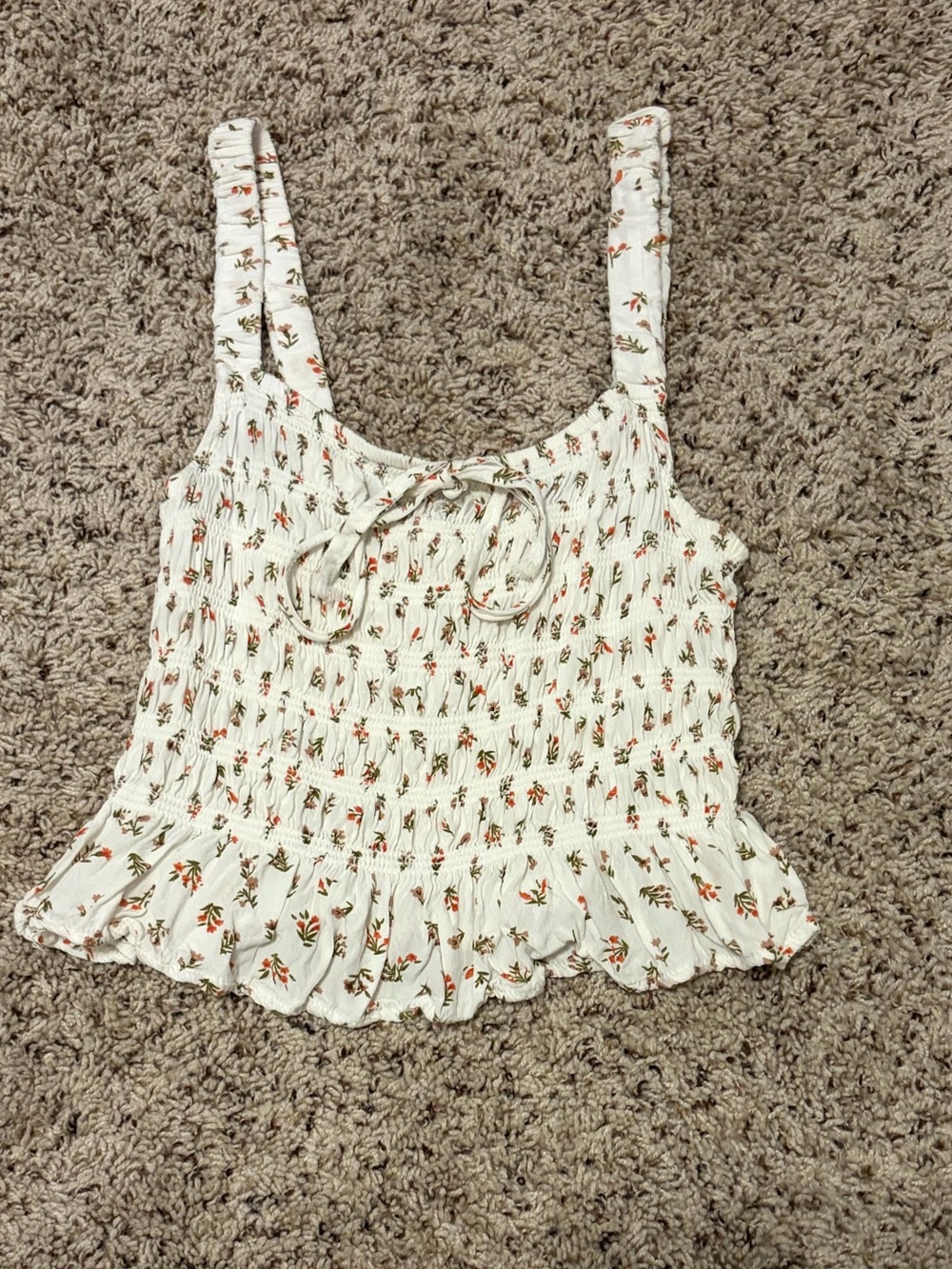 Cream Floral Smocked Tie-Front Cami with Ruffle Hem